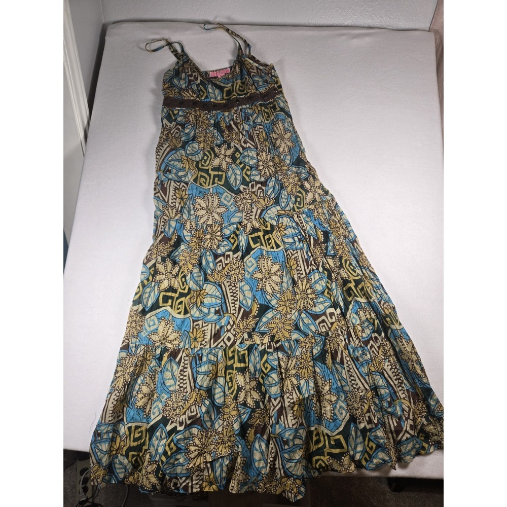 Women's Pink Apple 100% Cotton Adjustable Strap Maxi Dress Size Large Multi